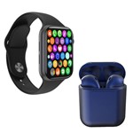 Kit 1 Relógio Inteligente SmartWatch W34 S Preto Troca Pulseira + 1 Fone Bt InPods I12 Azul Escuro - Smart Bracelet