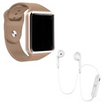 Ficha técnica e caractérísticas do produto Kit 1 Relógio SmartWatch A1 Dourado + 1 Fone Bluetooh Original Branco