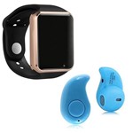 Ficha técnica e caractérísticas do produto Kit 1 Relógio SmartWatch A1 Dourado com Preto + 1 Mini Fone Bluetooth Azul