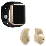 Ficha técnica e caractérísticas do produto Kit 1 Relógio SmartWatch A1 Dourado com Preto + 1 Mini Fone Bluetooth Marfim