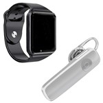 Kit 1 Relógio SmartWatch A1 Preto + 1 Fone de Ouvido Sem Fio Bluetooth Headset Branco