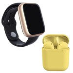 Ficha técnica e caractérísticas do produto Kit 1 Relógio SmartWatch A1 Pro Plus Dourado + 1 Fone Bluetooth InPods 12 Amarelo - Smart Bracelet