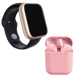 Ficha técnica e caractérísticas do produto Kit 1 Relógio SmartWatch A1 Pro Plus Dourado + 1 Fone Bluetooth InPods 12 Rosa - Z Smart