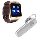 Ficha técnica e caractérísticas do produto Kit 1 Relógio SmartWatch DZ09 Dourado + 1 Fone de Ouvido Sem Fio Bluetooth Headset Branco - Smart Bracelet