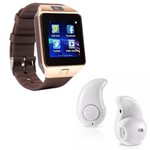 Ficha técnica e caractérísticas do produto Kit 1 Relógio SmartWatch DZ09 Dourado + 1 Mini Fone Bluetooh Branco - Smart Bracelet