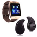 Ficha técnica e caractérísticas do produto Kit 1 Relógio SmartWatch DZ09 Dourado + 1 Mini Fone Bluetooh Preto - Smart Bracelet