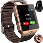 Ficha técnica e caractérísticas do produto Kit 1 Relógio SmartWatch DZ09 Dourado + 1 Mini Fone Bluetooth Preto - Smart Bracelet