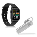 Ficha técnica e caractérísticas do produto Kit 1 Relógio Smartwatch P18 Preto Android IOS + 1 Fone Bluetooth Estéreo Headset Branco - Smart Bracelet