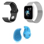 Kit 1 Relógio Smartwatch P70 Prata Android IOS + 1 Pulseira Extra + 1 Mini Fone Bluetooth Azul - P Smart