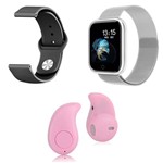 Kit 1 Relógio Smartwatch P70 Prata Android IOS + 1 Pulseira Extra + 1 Mini Fone Bluetooth Rosa - P Smart