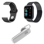 Ficha técnica e caractérísticas do produto Kit 1 Relógio Smartwatch P70 Preto Android IOS + 1 Pulseira Extra + 1 Fone Sem Fio Bt Headset Branco - Smart Bracelet