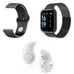 Ficha técnica e caractérísticas do produto Kit 1 Relógio Smartwatch P70 Preto Android IOS + 1 Pulseira Extra + 1 Mini Fone Bluetooth Branco - Smart Bracelet