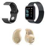 Ficha técnica e caractérísticas do produto Kit 1 Relógio Smartwatch P70 Preto Android IOS + 1 Pulseira Extra + 1 Mini Fone Bluetooth Marfim - Smart Bracelet