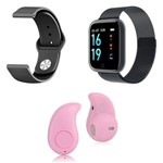 Ficha técnica e caractérísticas do produto Kit 1 Relógio Smartwatch P70 Preto Android IOS + 1 Pulseira Extra + 1 Mini Fone Bluetooth Rosa - Smart Bracelet