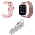 Kit 1 Relógio Smartwatch P70 Rosa Android IOS + 1 Pulseira Extra + 1 Fone de Ouvido Sem Fio Bluetooth Headset Branco - P Smart