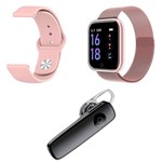 Ficha técnica e caractérísticas do produto Kit 1 Relógio Smartwatch P70 Rosa Android IOS + 1 Pulseira Extra + 1 Fone de Ouvido Sem Fio Bluetooth Headset Preto - P Smart