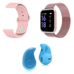 Kit 1 Relógio Smartwatch P70 Rosa Android IOS + 1 Pulseira Extra + 1 Mini Fone Bluetooth Azul - P Smart