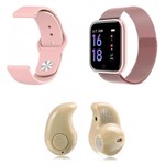 Ficha técnica e caractérísticas do produto Kit 1 Relógio Smartwatch P70 Rosa Android IOS + 1 Pulseira Extra + 1 Mini Fone Bluetooth Marfim - P Smart