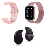 Ficha técnica e caractérísticas do produto Kit 1 Relógio Smartwatch P70 Rosa Android IOS + 1 Pulseira Extra + 1 Mini Fone Bluetooth Preto - Smart Bracelet