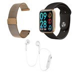 Kit 1 Relógio Smartwatch P80 Dourado Android IOS + 1 Pulseira Extra + 1 Mini Fone Bluetooth Branco - P Smart