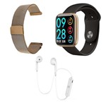 Ficha técnica e caractérísticas do produto Kit 1 Relógio Smartwatch P80 Dourado Android IOS + 1 Pulseira Extra + 1 Fone Bluetooth Original Branco - Smart Bracelet