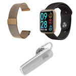 Ficha técnica e caractérísticas do produto Kit 1 Relógio Smartwatch P80 Dourado Android IOS + 1 Pulseira Extra + 1 Fone de Ouvido Sem Fio Bluetooth Headset Branco - P Smart