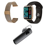 Ficha técnica e caractérísticas do produto Kit 1 Relógio Smartwatch P80 Dourado Android IOS + 1 Pulseira Extra + 1 Fone de Ouvido Sem Fio Bluetooth Headset Preto - P Smart