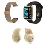 Ficha técnica e caractérísticas do produto Kit 1 Relógio Smartwatch P80 Dourado Android IOS + 1 Pulseira Extra + 1 Mini Fone Bluetooth Marfim - Smart Bracelet