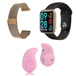 Ficha técnica e caractérísticas do produto Kit 1 Relógio Smartwatch P80 Dourado Android IOS + 1 Pulseira Extra + 1 Mini Fone Bluetooth Rosa - P Smart