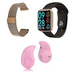 Ficha técnica e caractérísticas do produto Kit 1 Relógio Smartwatch P80 Dourado Android IOS + 1 Pulseira Extra + 1 Mini Fone Bluetooth Rosa - Smart Bracelet