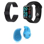 Ficha técnica e caractérísticas do produto Kit 1 Relógio Smartwatch P80 Preto Android IOS + 1 Pulseira Extra + 1 Mini Fone Bluetooth Azul - P Smart