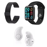 Ficha técnica e caractérísticas do produto Kit 1 Relógio Smartwatch P80 Preto Android IOS + 1 Pulseira Extra + 1 Mini Fone Bluetooth Branco - Smart Bracelet