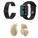 Ficha técnica e caractérísticas do produto Kit 1 Relógio Smartwatch P80 Preto Android IOS + 1 Pulseira Extra + 1 Mini Fone Bluetooth Marfim - Smart Bracelet