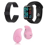 Ficha técnica e caractérísticas do produto Kit 1 Relógio Smartwatch P80 Preto Android IOS + 1 Pulseira Extra + 1 Mini Fone Bluetooth Rosa - P Smart