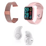 Ficha técnica e caractérísticas do produto Kit 1 Relógio Smartwatch P80 Rosa Android IOS + 1 Pulseira Extra + 1 Mini Fone Bluetooth Branco - Smart Bracelet