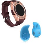 Ficha técnica e caractérísticas do produto Kit 1 Relógio SmartWatch V8 Dourado + 1 Mini Fone Bluetooh Azul - V Smart