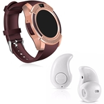 Kit 1 Relógio SmartWatch V8 Dourado + 1 Mini Fone Bluetooh Branco