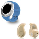 Ficha técnica e caractérísticas do produto Kit 1 Relógio SmartWatch Y1 Azul + 1 Mini Fone Bluetooh Marfim - Y Smart
