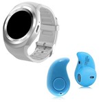 Ficha técnica e caractérísticas do produto Kit 1 Relógio SmartWatch Y1 Branco + 1 Mini Fone Bluetooh Azul - Y Smart