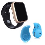 Ficha técnica e caractérísticas do produto Kit 1 Relógio SmartWatch A1 Pro Plus Dourado + 1 Mini Fone Bluetooth Azul - Smart Bracelet