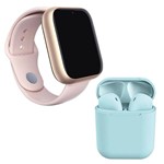 Kit 1 Relógio SmartWatch Z6 Rosa + 1 Fone Bluetooth InPods 12 Azul - Smart Bracelet