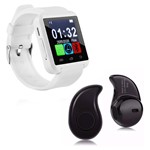 Ficha técnica e caractérísticas do produto Kit 1 Smartwatch U8 Relogio Inteligente Bluetooth Ios Android Branco + 1 Mini Fone Bluetooth Preto