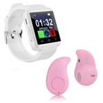 Kit 1 Smartwatch U8 Relogio Inteligente Bluetooth Ios Android Branco + 1 Mini Fone Bluetooth Rosa