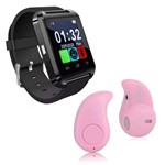 Kit 1 Smartwatch U8 Relogio Inteligente Bluetooth Ios Android Preto + 1 Mini Fone Bluetooth Rosa