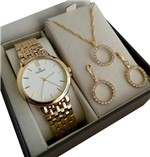 Kit Relógio Champion Dourado Feminino Ch22091w + Brincos e Colar ORIGINAL NF OURO18K BARATO!