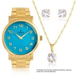 Ficha técnica e caractérísticas do produto Kit Relógio Champion Dourado Visor Azul + Colar e Brincos