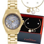 Ficha técnica e caractérísticas do produto Kit Relógio Condor Feminino Dourado com Bracelete e Brincos CO2035KWG/K4A