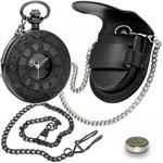 Ficha técnica e caractérísticas do produto Kit Relógio de Bolso Black Steampunk + Corrente C/ Clip + Capa de Couro Preta + Bateria Extra