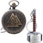 Ficha técnica e caractérísticas do produto Kit Relógio de Bolso Valknut Asatru Nórdico + Chaveiro Símbolo Thor Deus do Trovão