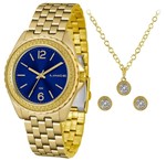 Ficha técnica e caractérísticas do produto Kit Relogio Feminino Dourado Lince Fundo Azul Escuro LRG4556